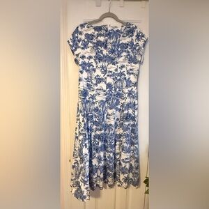 Joie White and Blue Toile-Print Short-Sleeve Midi Dress